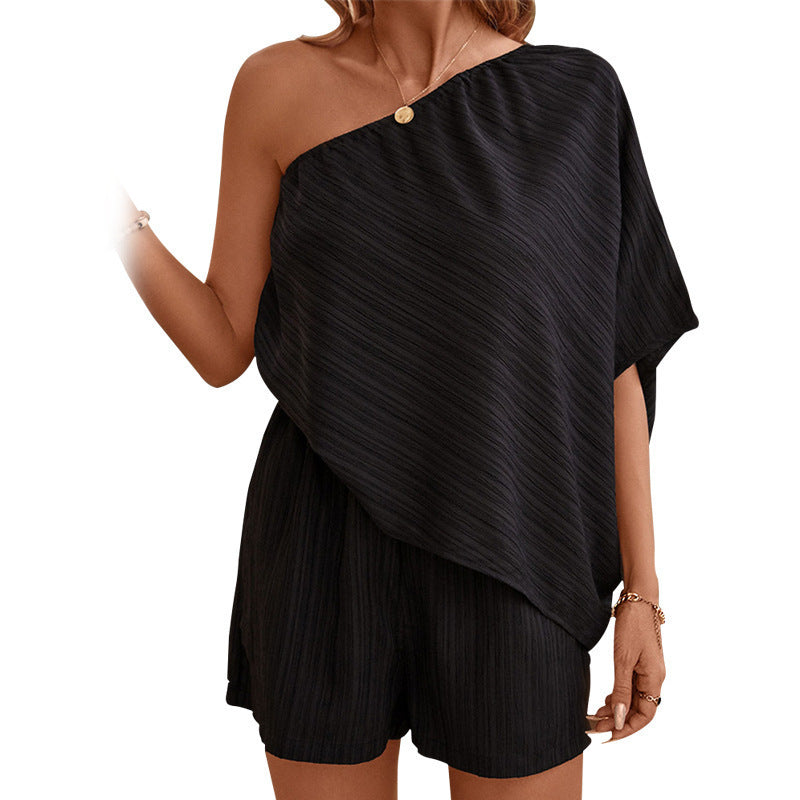 Women's asymmetric top with wide cut sleeves and structured texture WW