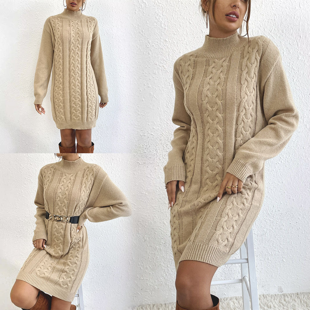 Women's knitted dress with high collar and elaborate cable pattern WW