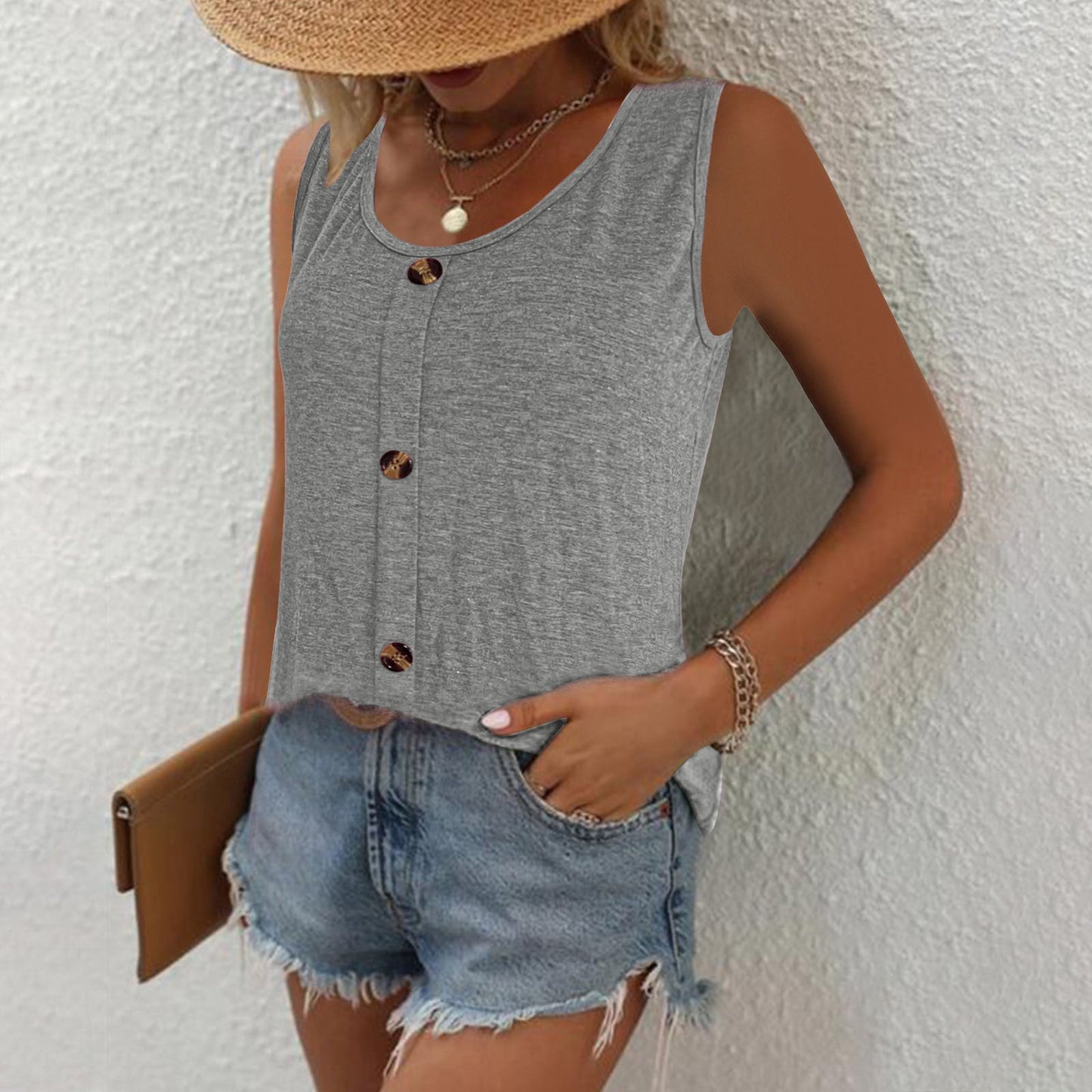 Women's sleeveless button top with a modern cut and comfortable fit WW