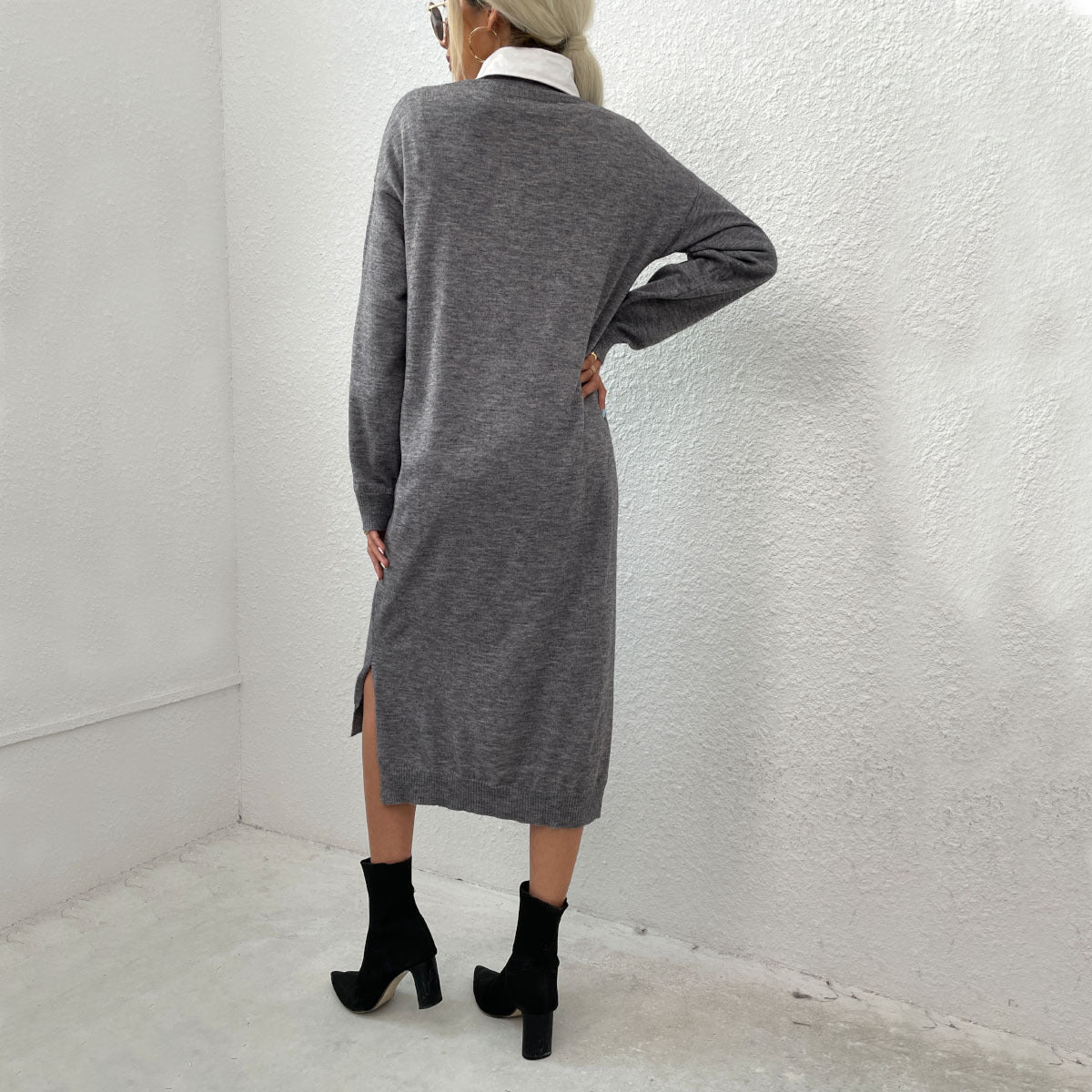 Women's knitted dress with deep V-neck and elegant waist belt WW