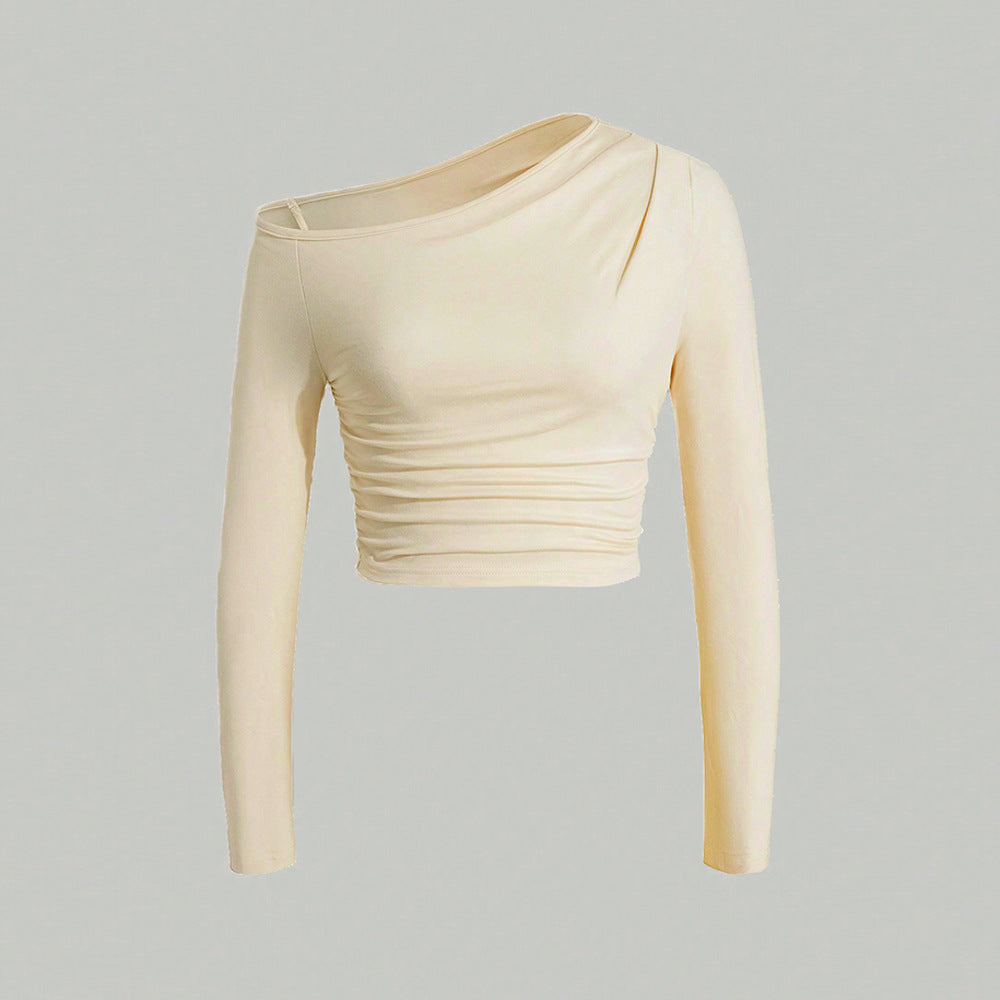 Women's asymmetric long-sleeved crop top with fashionable ruffles W&W