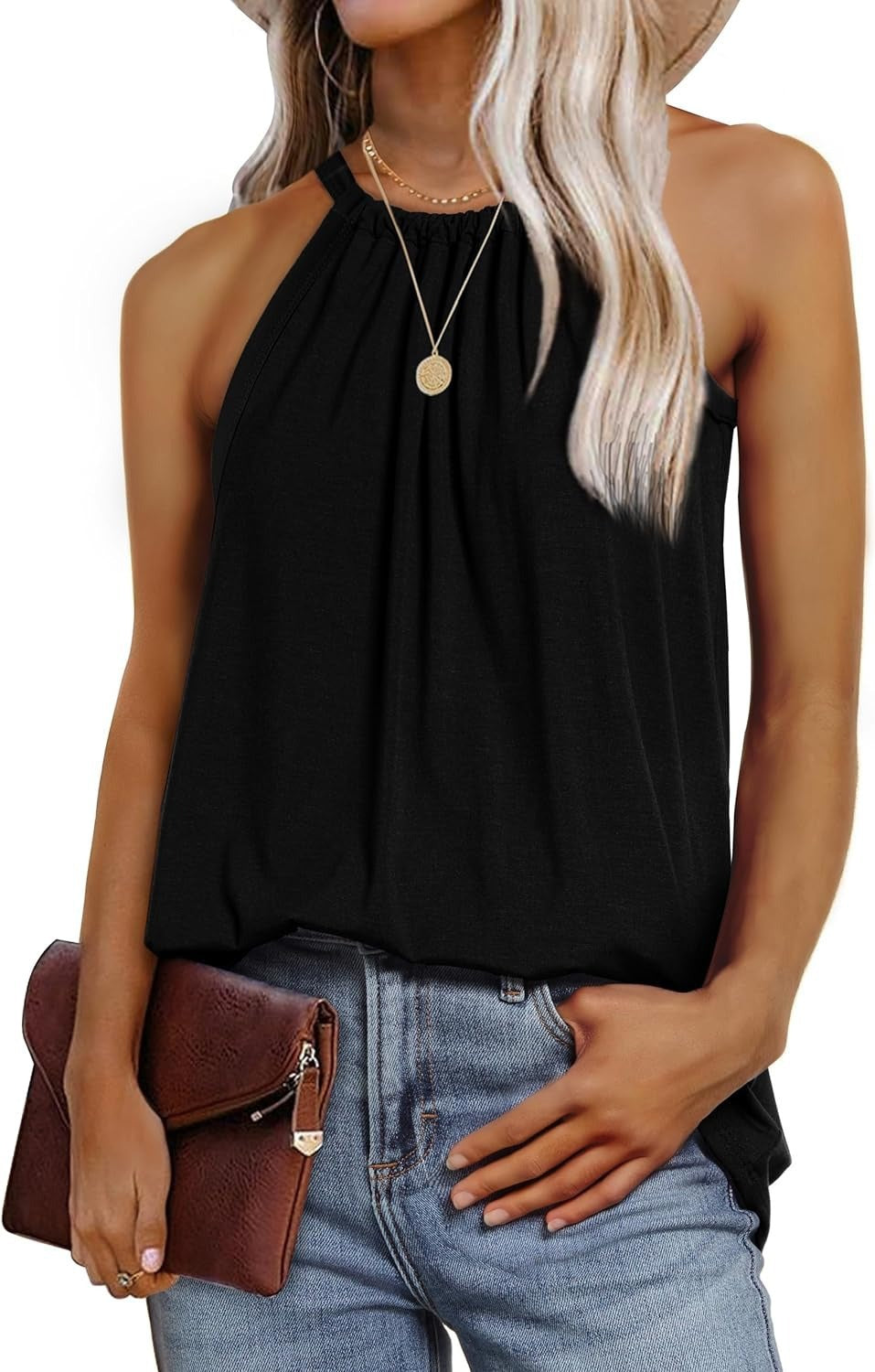 Women's sleeveless top with elegant wrap design and flowing fabric WW