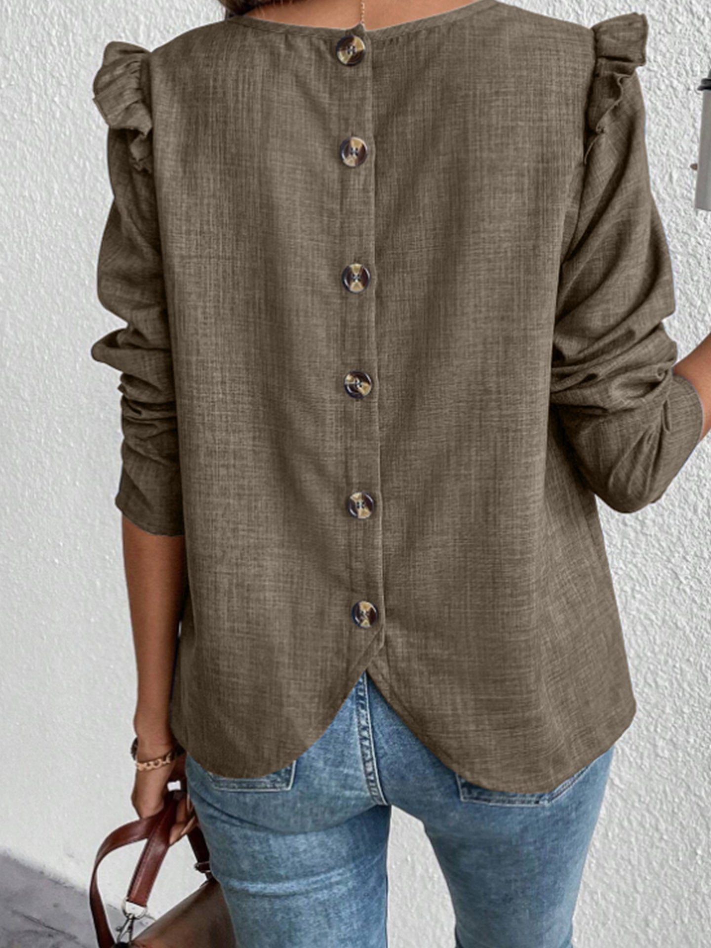 Women's blouse with decorative ruffled sleeves and elegant button placket WW