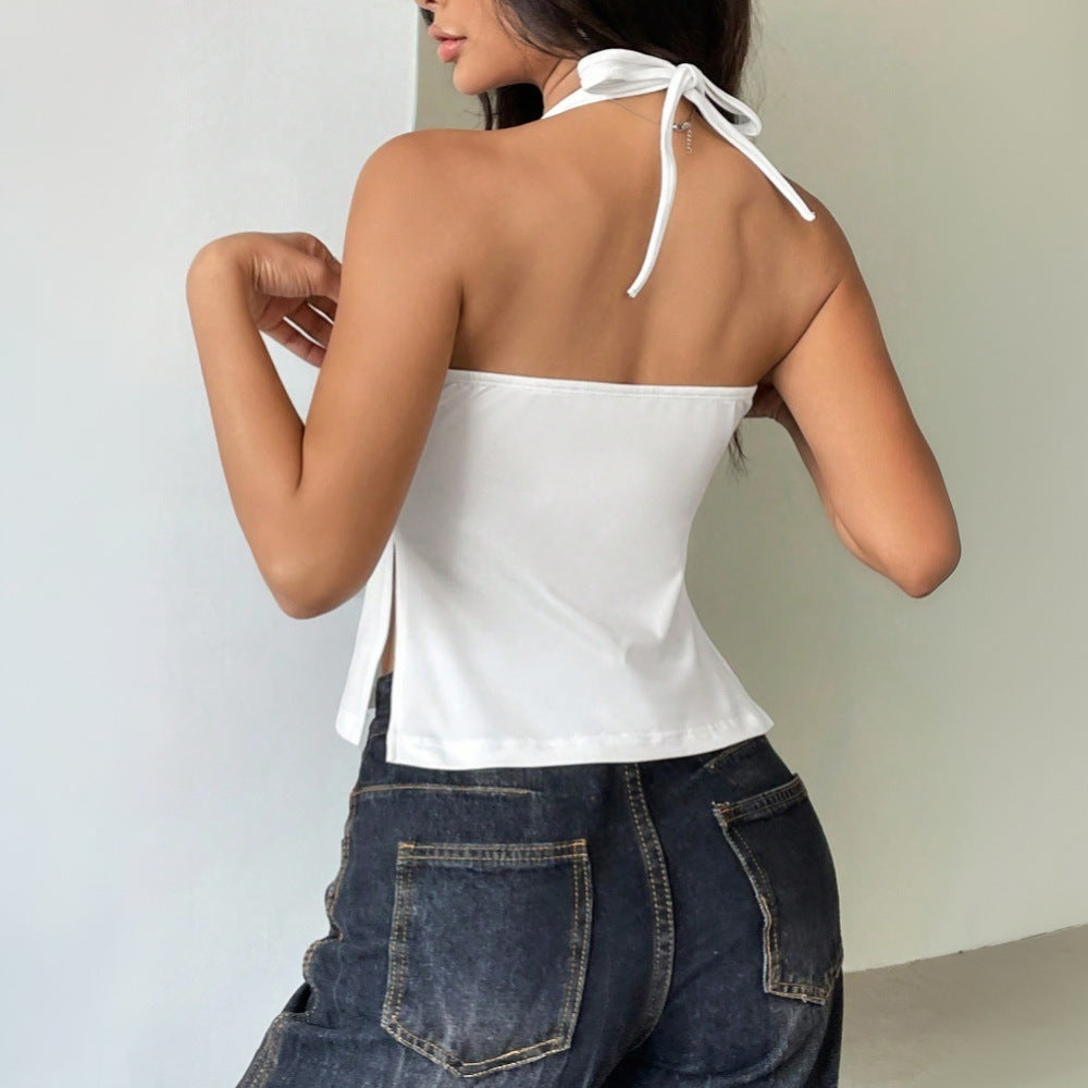 Women's sleeveless top with outstanding V-neck and playful draping W&W