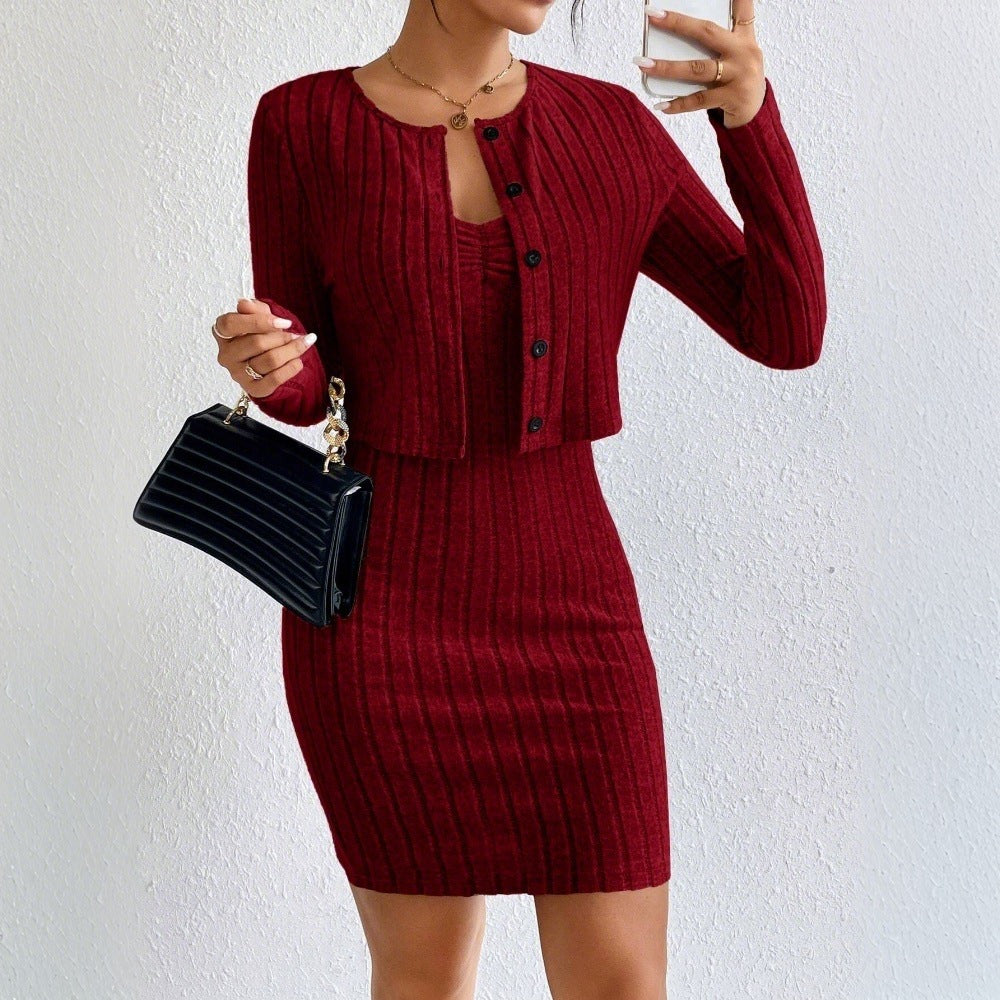 Women's knitted dress with matching cardigan