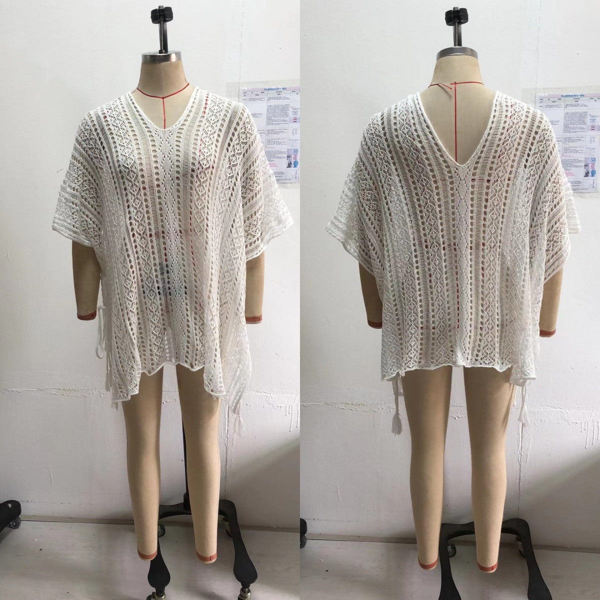 Women's airy crochet throw with decorative V-neck