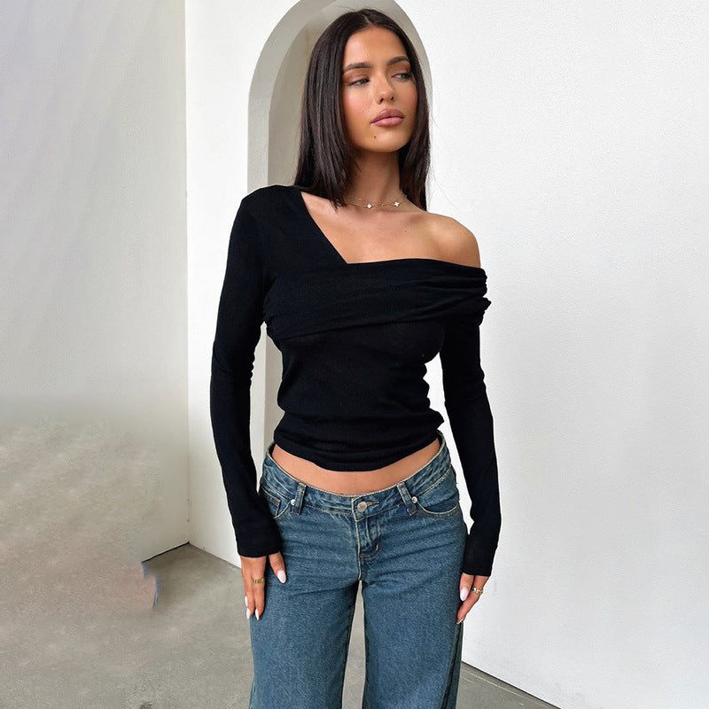Women's asymmetric long-sleeved shirt with fashionable wrap design W&W