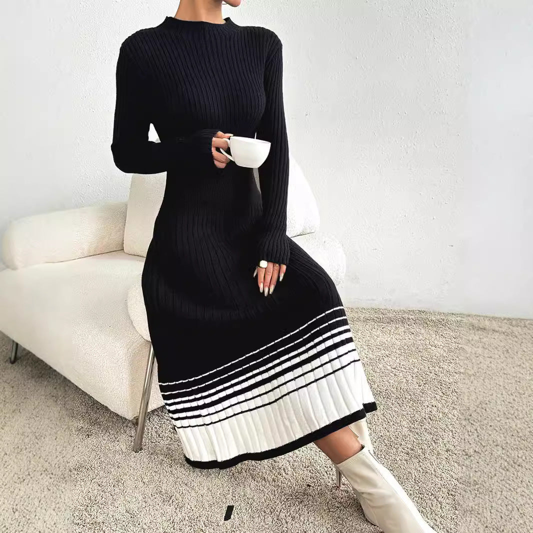 Women's knitted dress with structured rib pattern and decorative hem WW