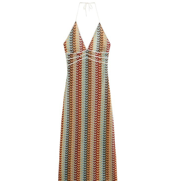 Women's knitted dress with deep V-neck and sophisticated wave pattern
