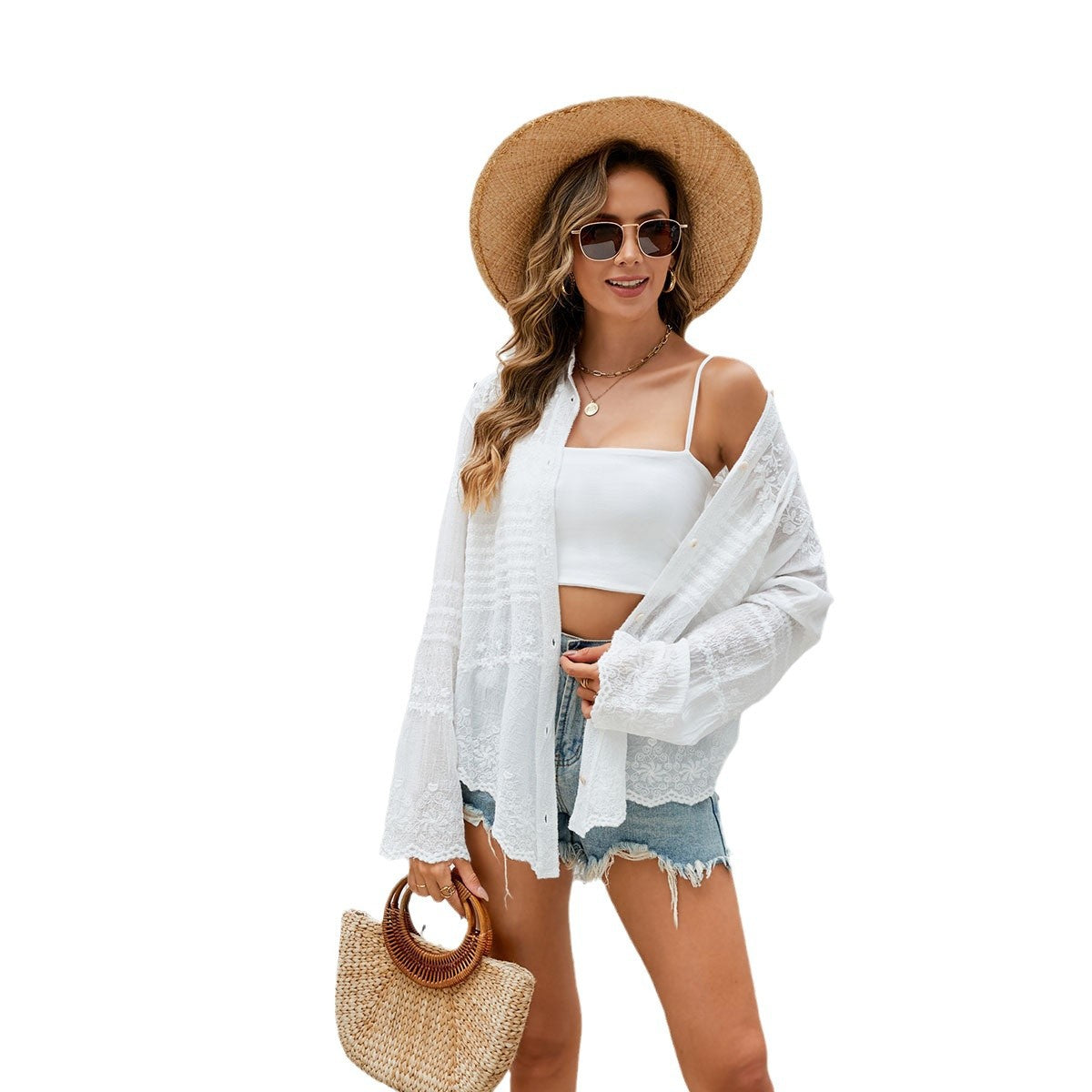 Women's airy kimono with fine lace and embroidery details