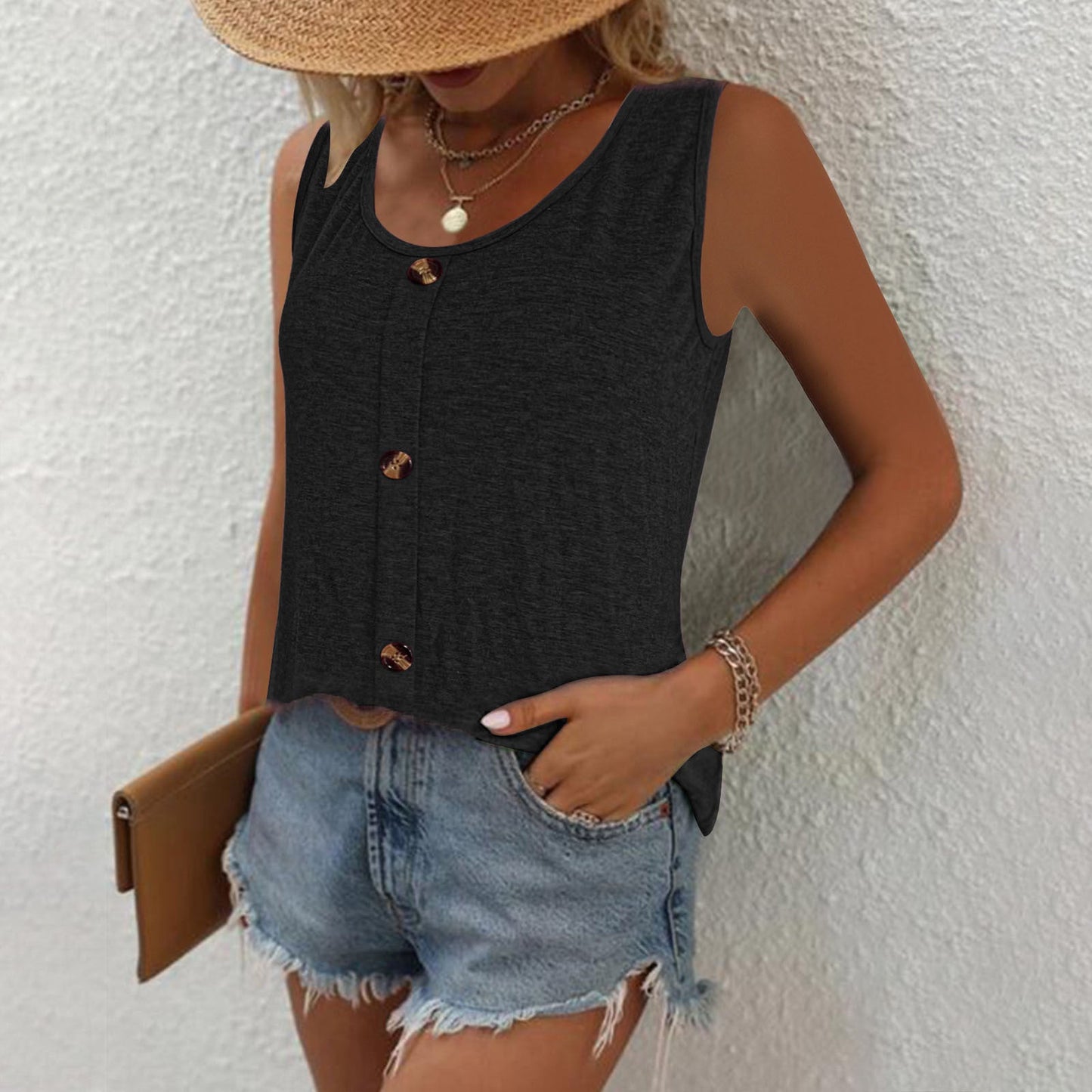 Women's sleeveless button top with a modern cut and comfortable fit WW