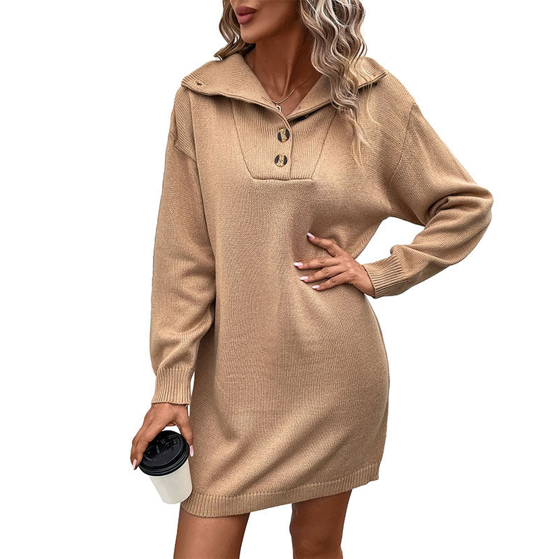 Women's knitted dress with elegant collar and practical button details WW