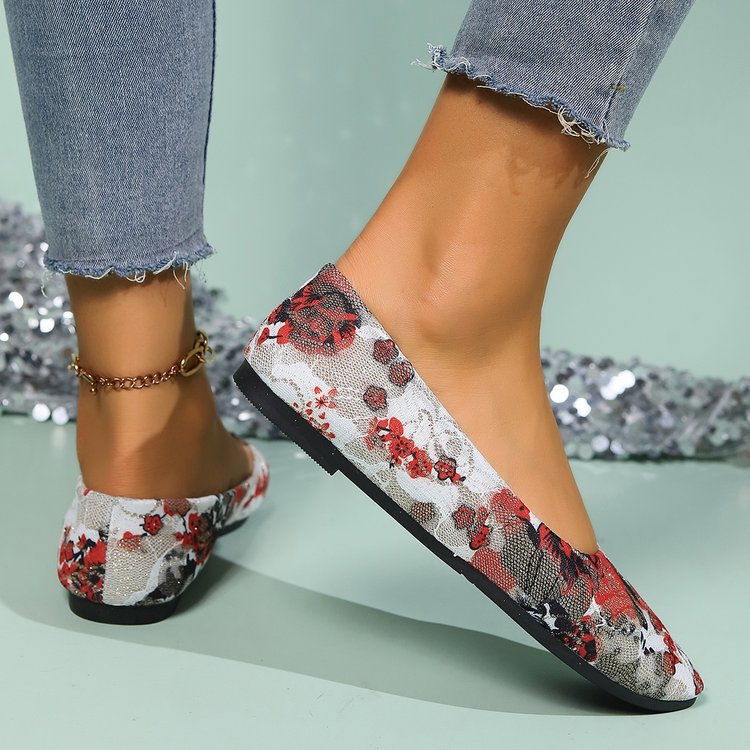 Women's ballerina flats with floral pattern and elegant pointed toe W&W