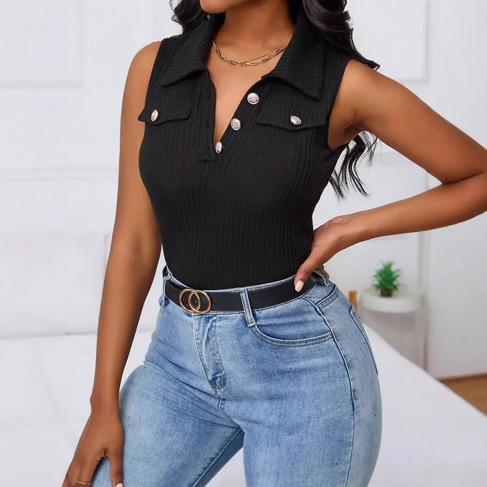 Women's sleeveless polo shirt with structured rib design and decorative button details W&W
