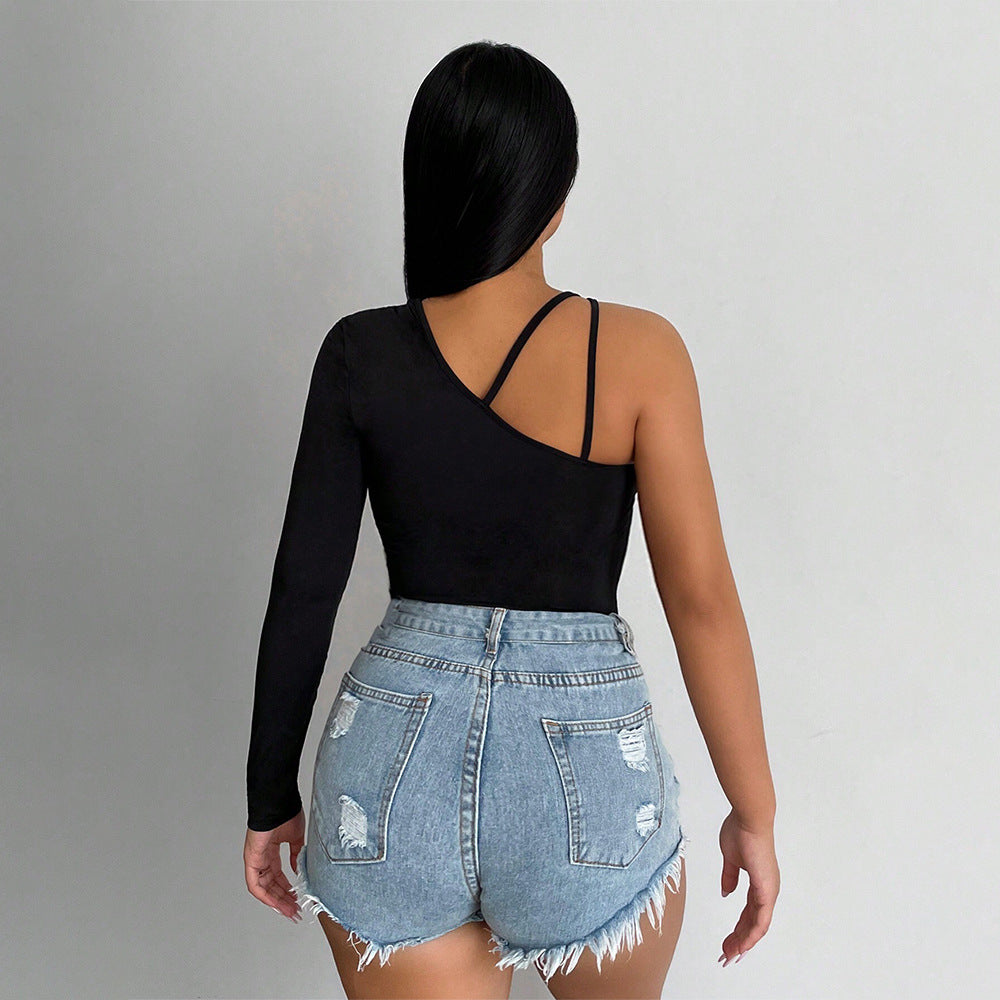 Women's asymmetric long-sleeved crop top with fashionable cut-out W&W