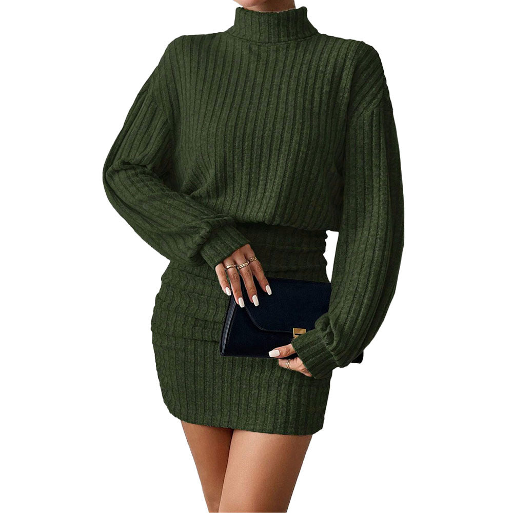 Women's knitted clothing set with high-necked sweater and figure-hugging mini skirt