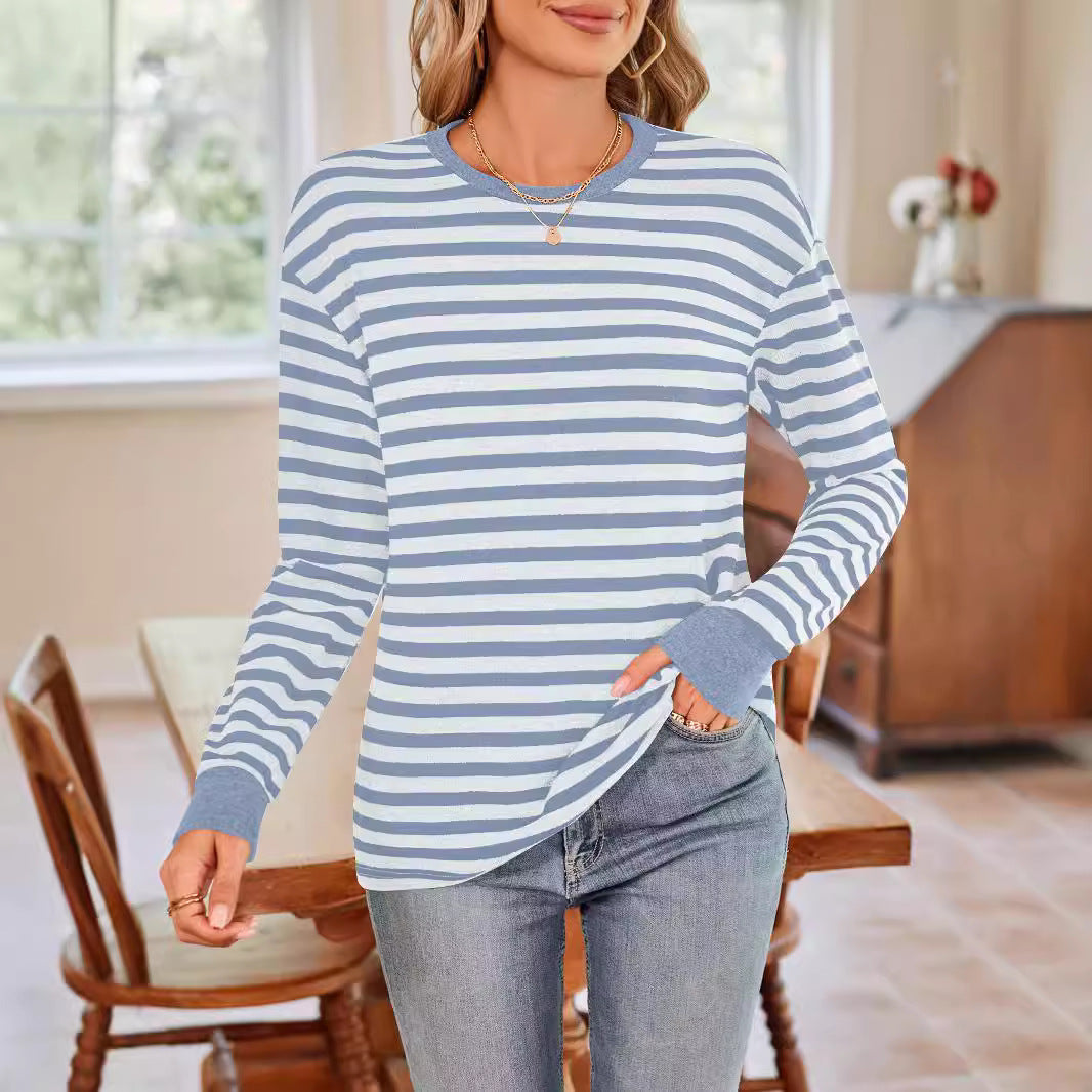 Women's comfortable long-sleeved shirt with striped design and round neck WW