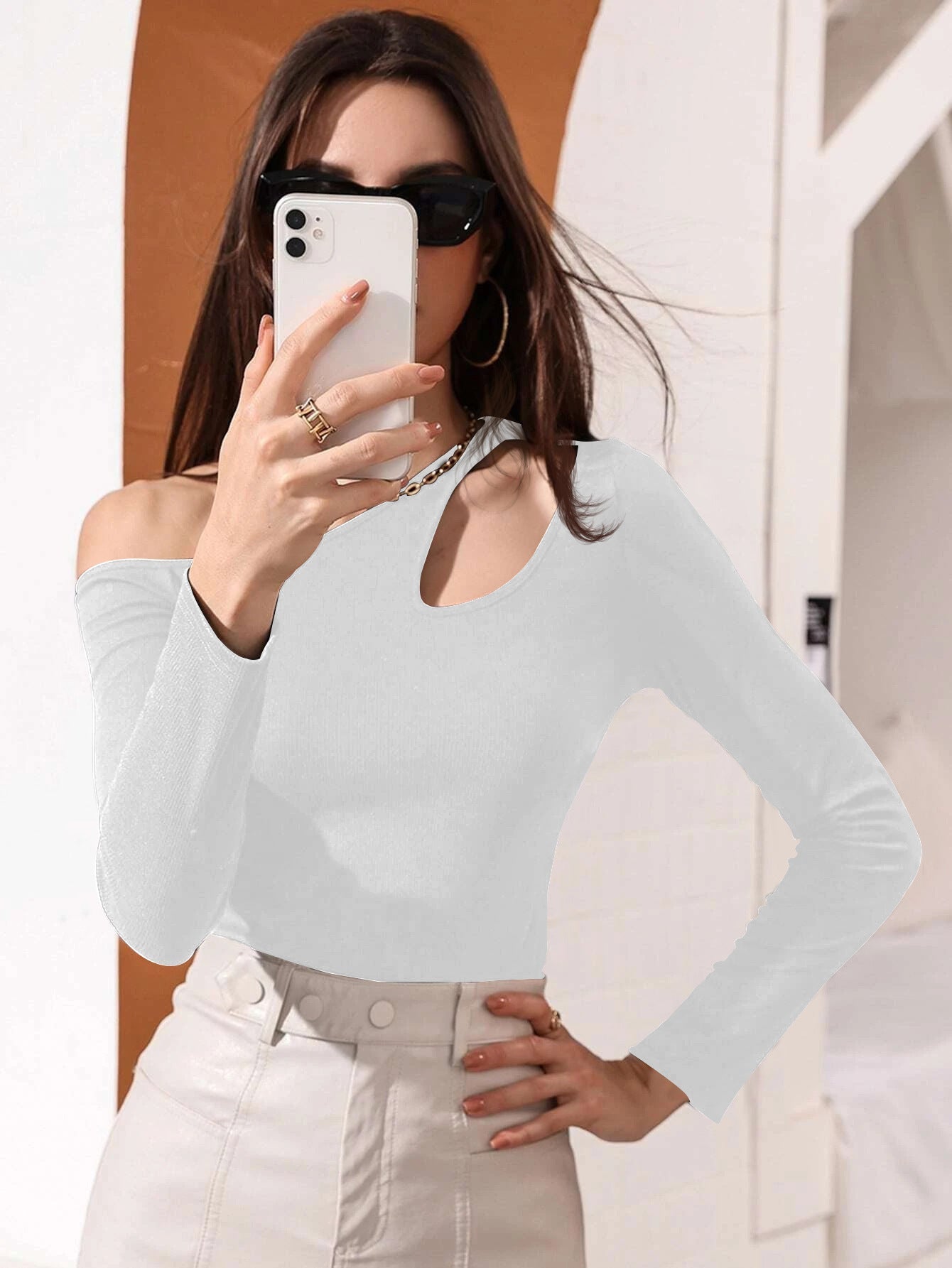 Women's asymmetric long-sleeved shirt with creative cut-outs W&W