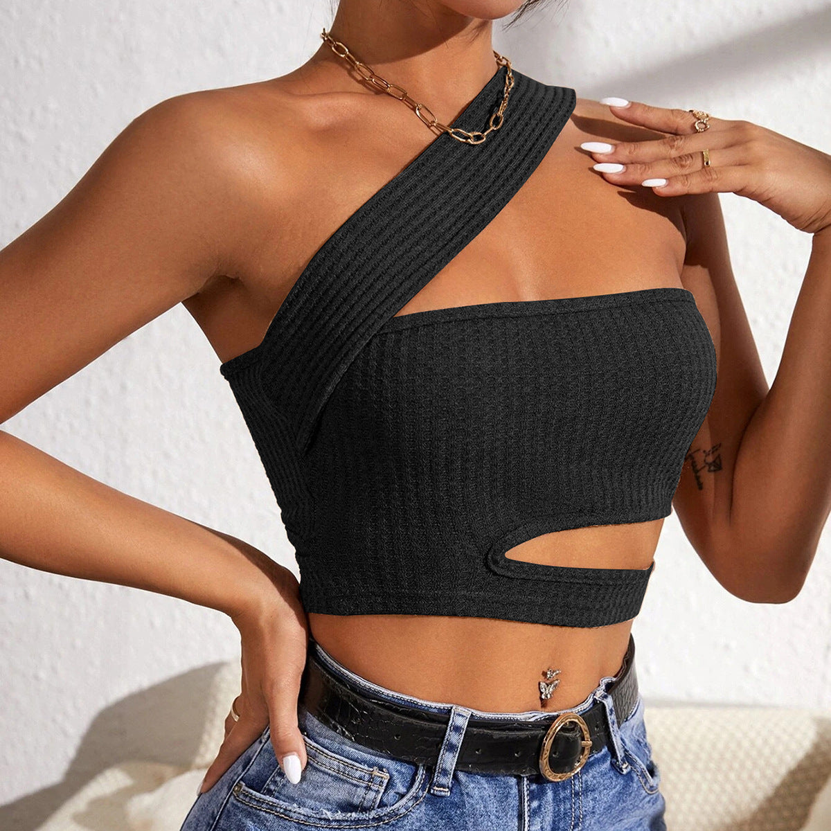 Women's asymmetric crop top with innovative cut-out W&W