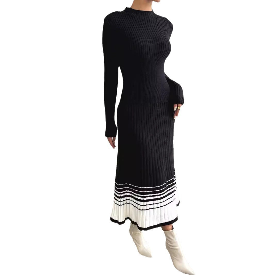 Women's knitted dress with structured rib pattern and decorative hem WW