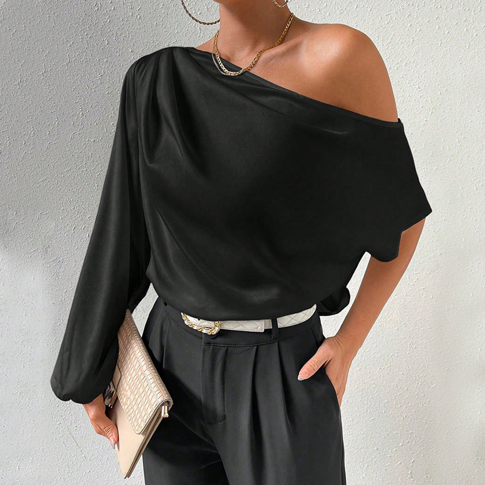 Women's asymmetric top with elegant puff sleeves and ruffles W&W