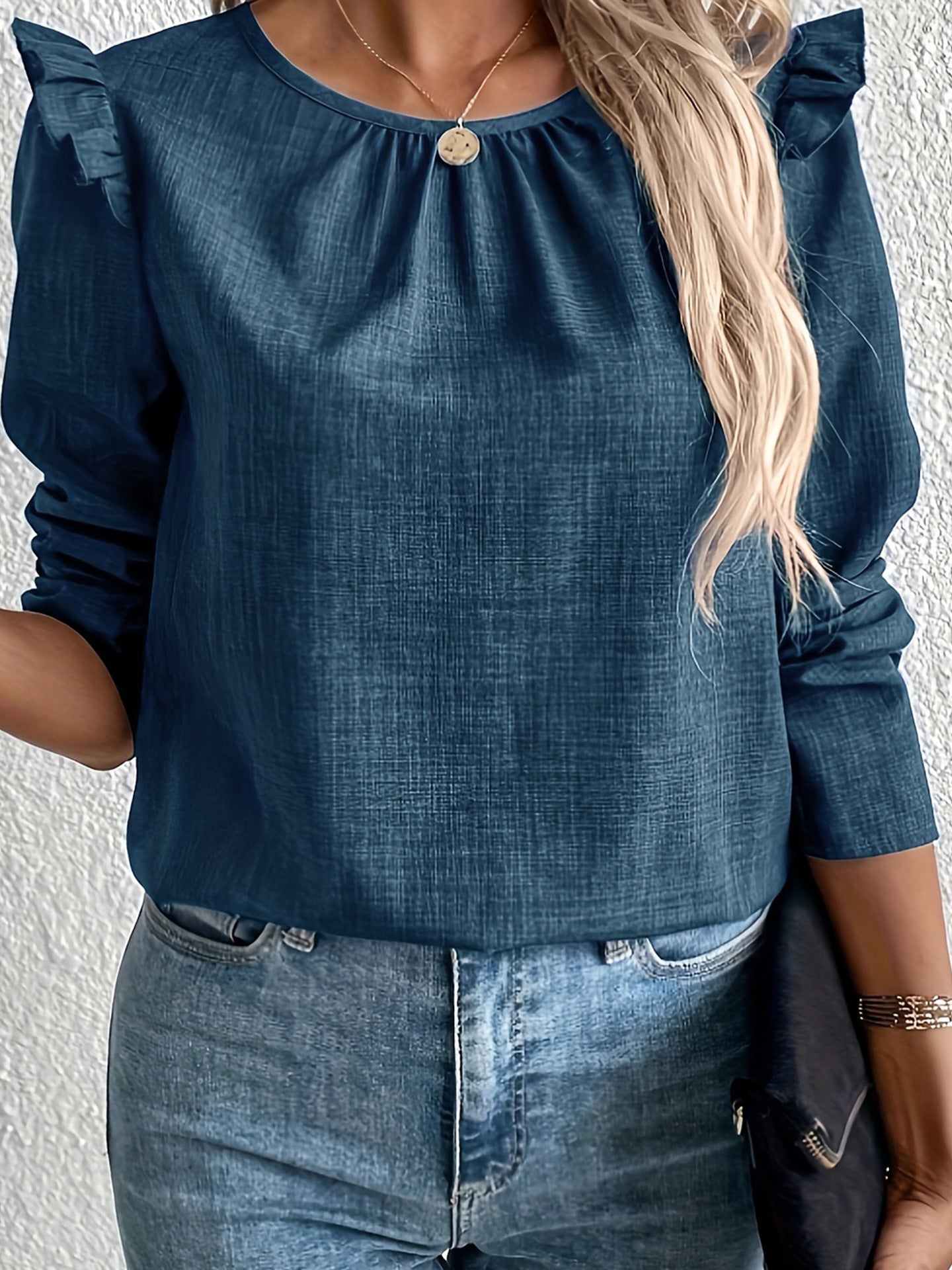 Women's blouse with decorative ruffled sleeves and elegant button placket WW