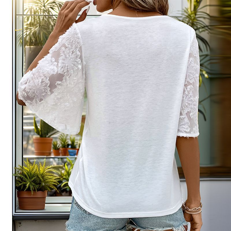 Women's blouse with openwork lace sleeves and V-neck WW