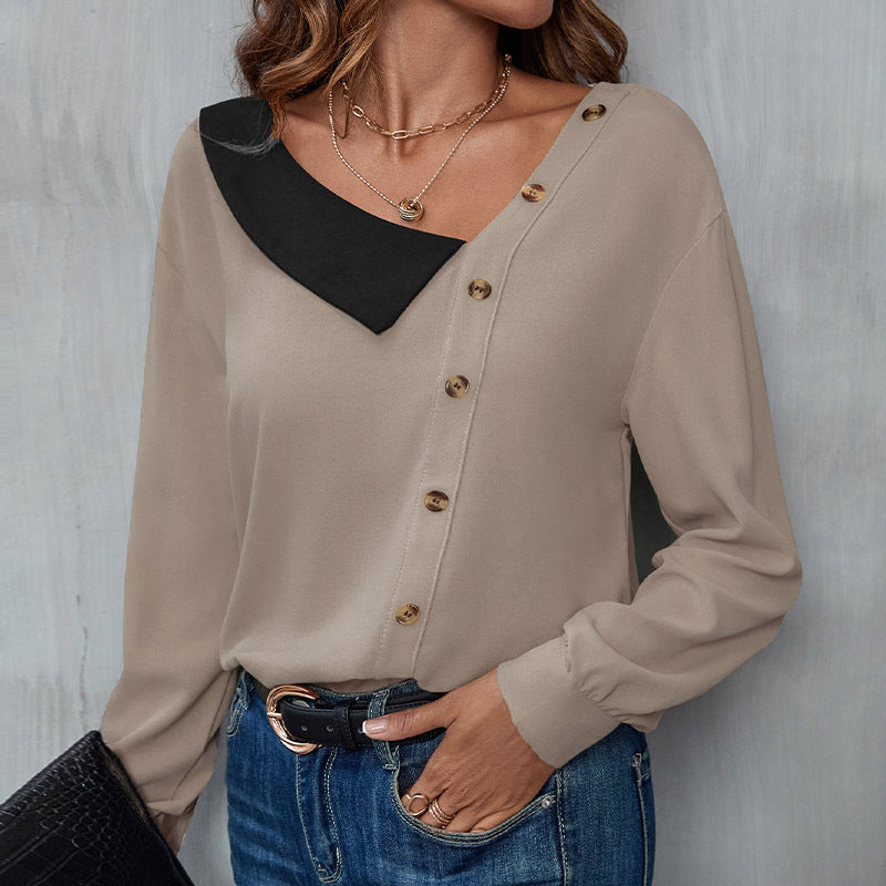Women's blouse with asymmetric design and elegant button details WW