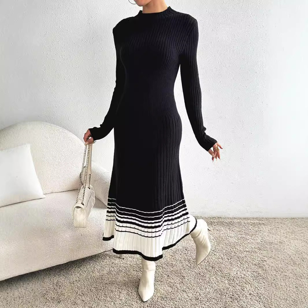 Women's knitted dress with structured rib pattern and decorative hem WW