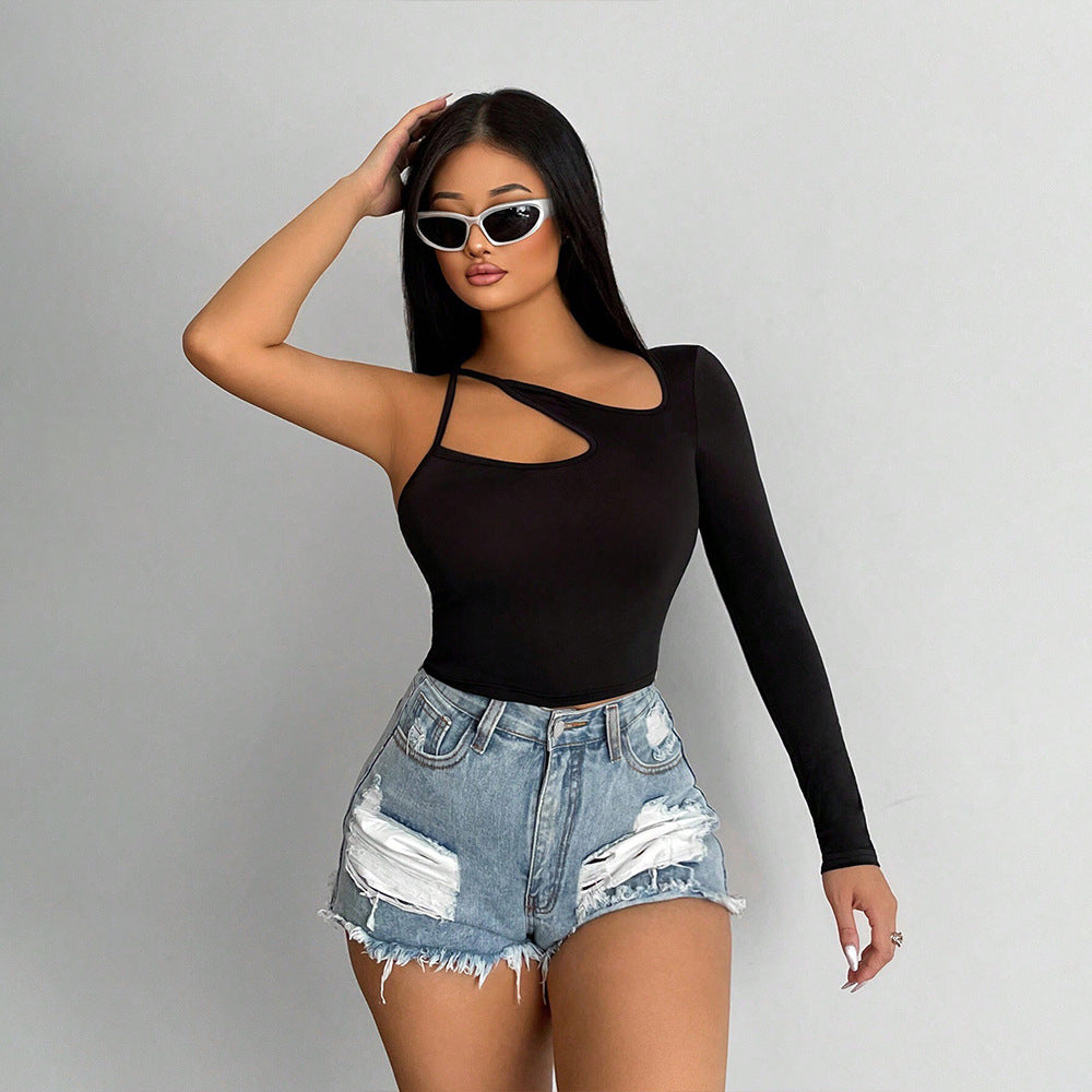Women's asymmetric long-sleeved crop top with fashionable cut-out W&W