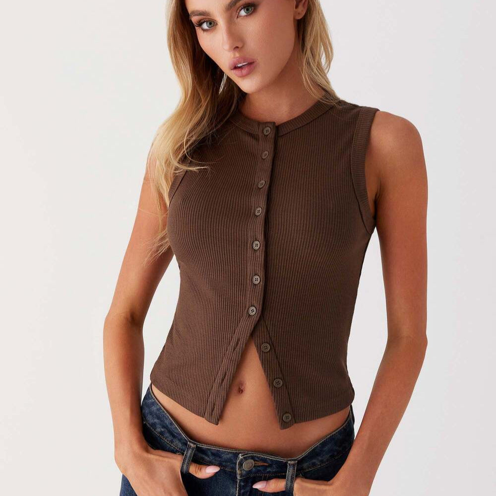 Women's sleeveless button-down shirt made of ribbed fabric with a modern cut WW