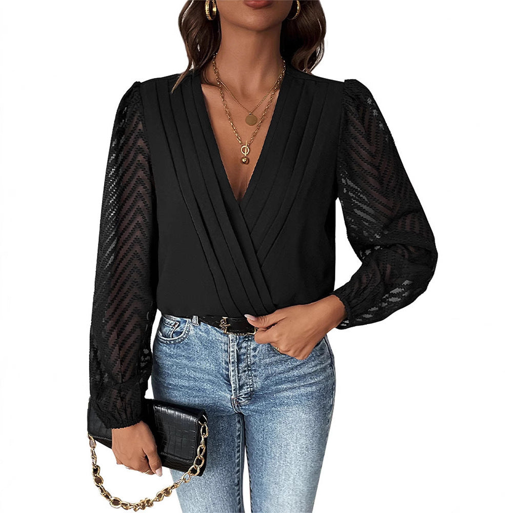 Women's blouse with elegant wrap design and transparent sleeves WW
