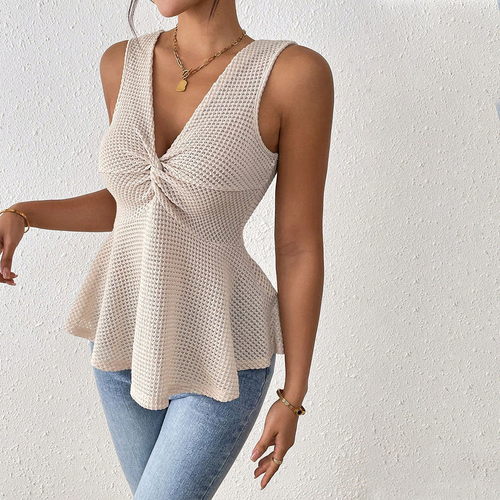 Women's sleeveless top with playful knot and elegant V-neck W&W
