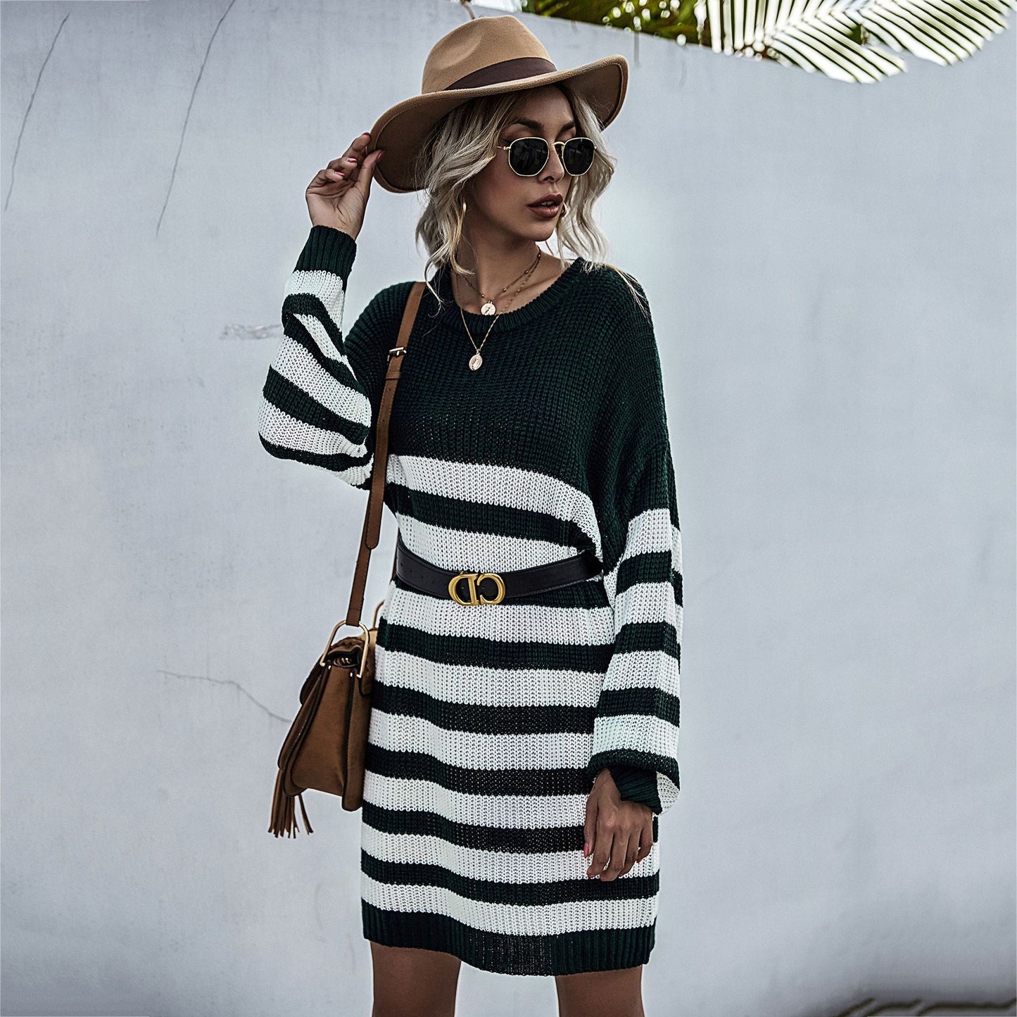 Women's knitted dress with fashionable striped pattern and casual cut WW