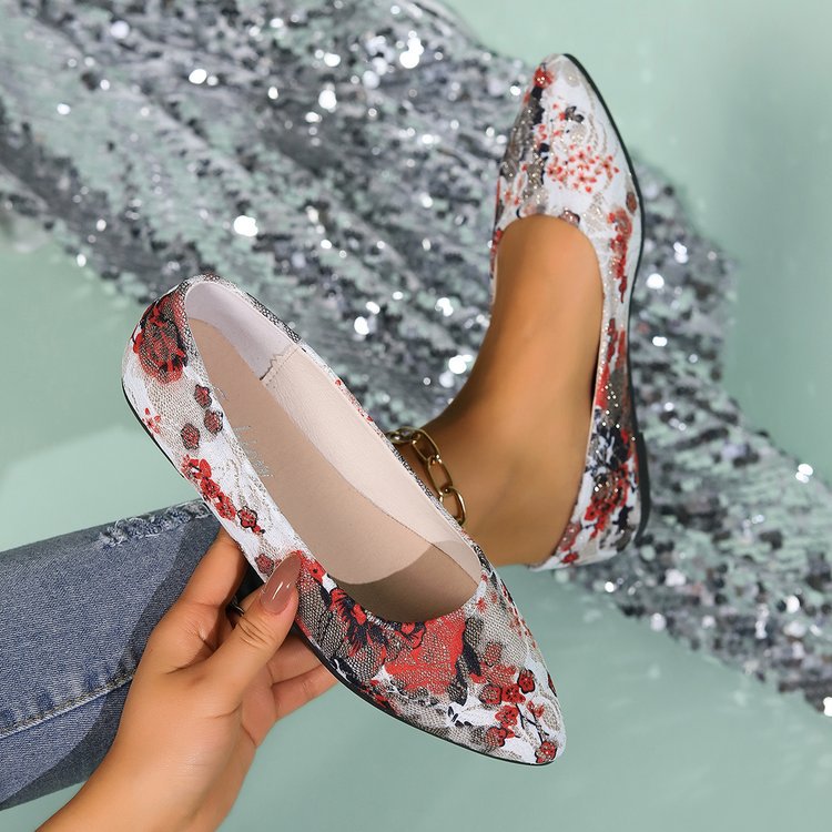 Women's ballerina flats with floral pattern and elegant pointed toe W&W