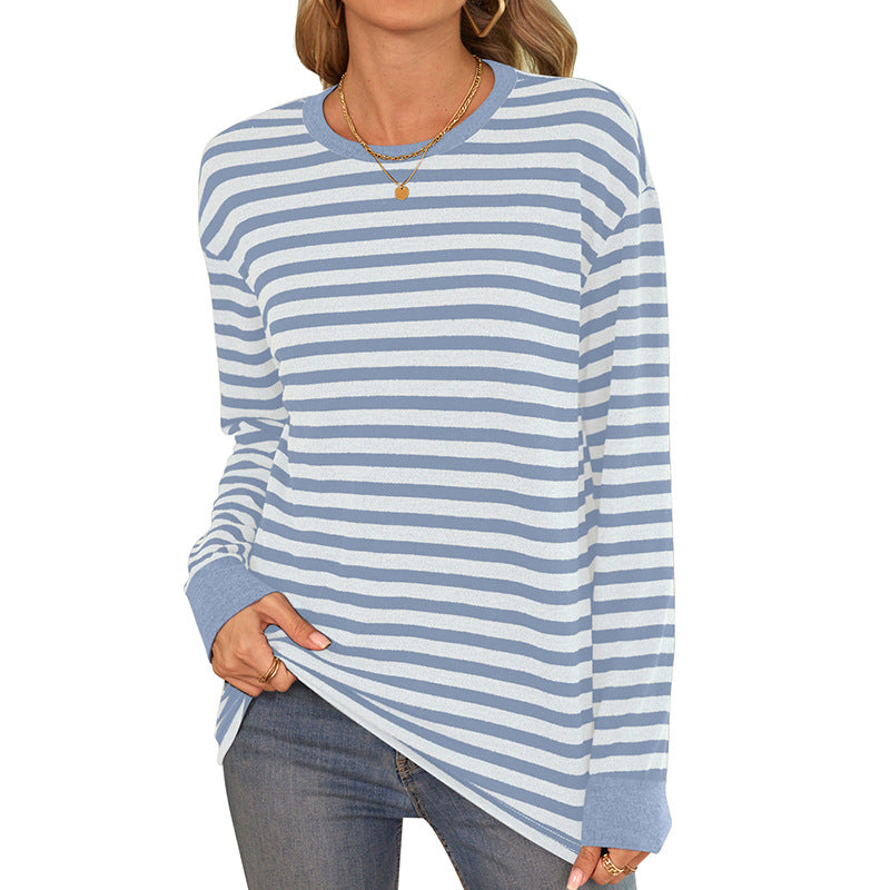 Women's comfortable long-sleeved shirt with striped design and round neck WW