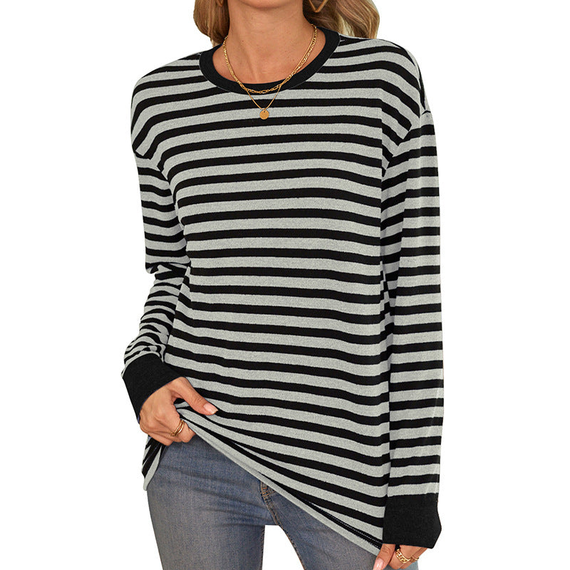 Women's comfortable long-sleeved shirt with striped design and round neck WW