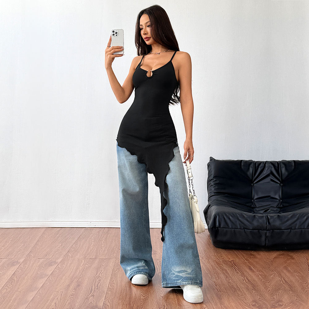 Women's asymmetric top with V-neck and innovative knot detail W&W