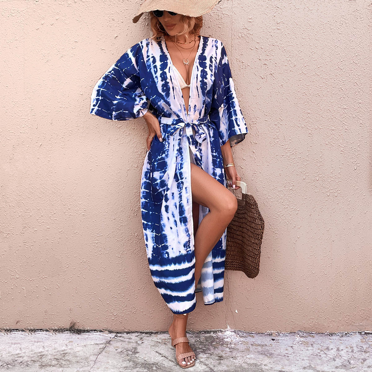 Women's beach kimono with elegant deep V-neck and playful tie belt