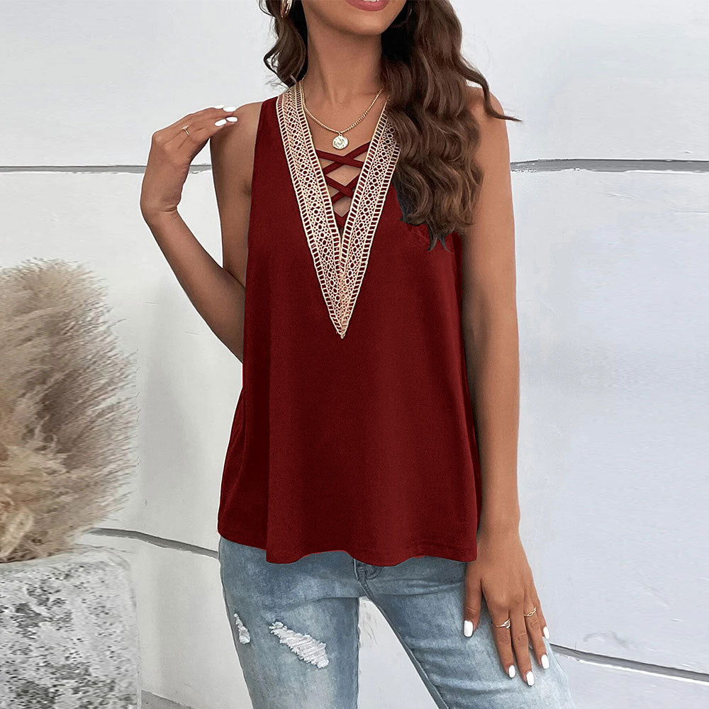 Women's sleeveless V-neck top with decorative lace accents W&W