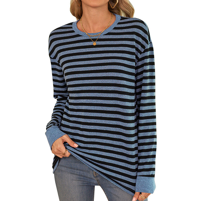 Women's comfortable long-sleeved shirt with striped design and round neck WW