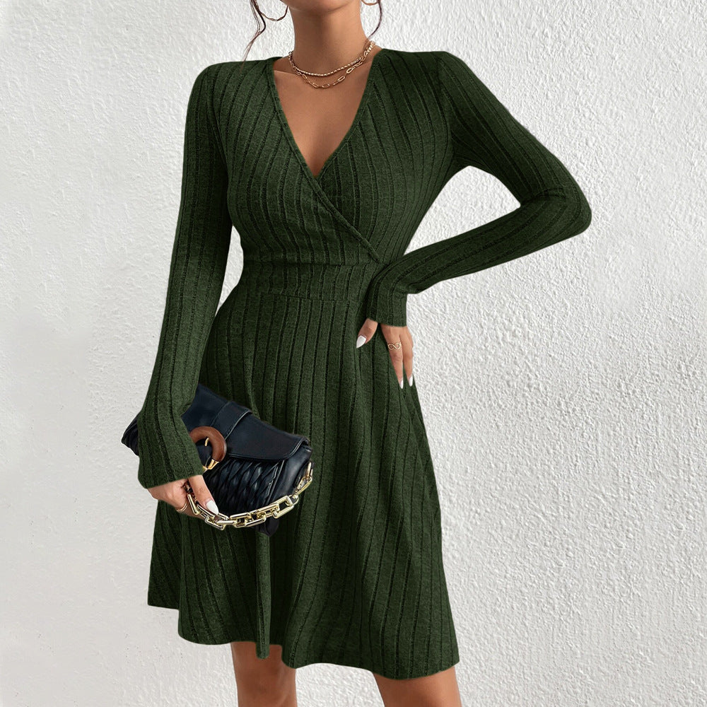 Women's knitted dress with deep V-neck and elegant long sleeves