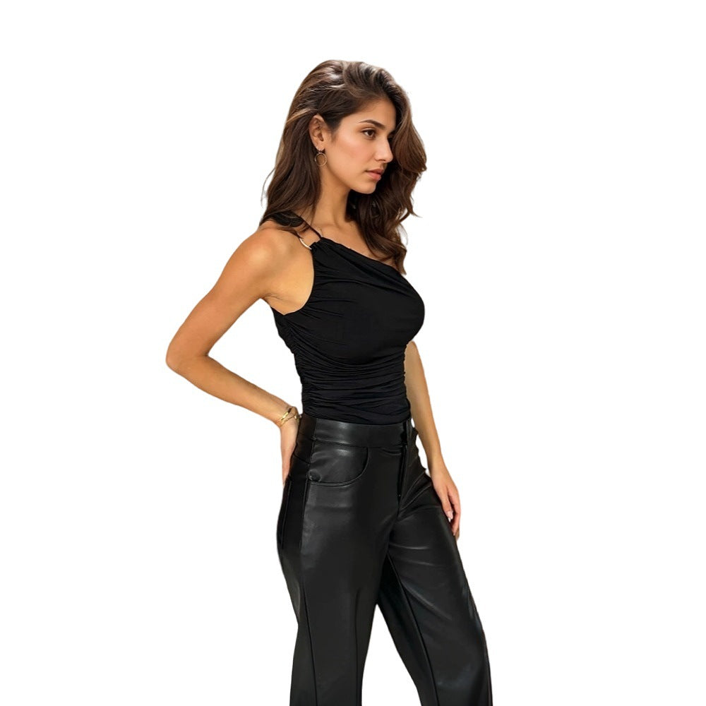 Women's sleeveless top with elegant wrap design and fashionable ruffle details W&W