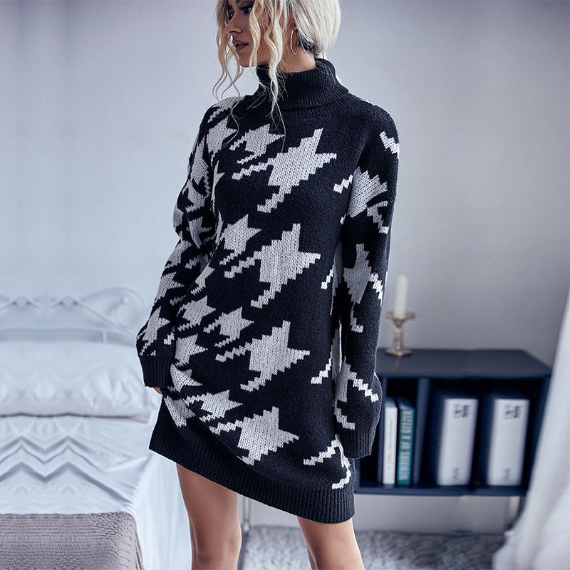 Women's knitted dress with modern star pattern and high collar WW