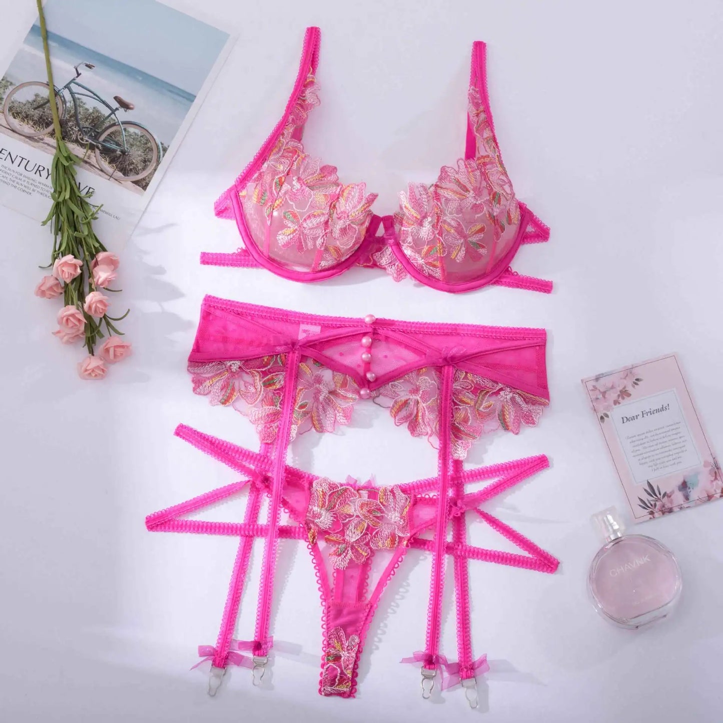 Floral Embroidered Pink Lingerie Set