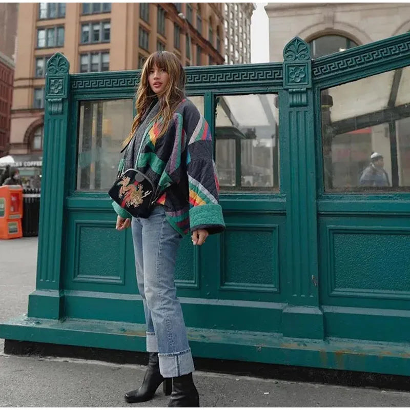 Quilted kimono jacket with rainbow stripes
