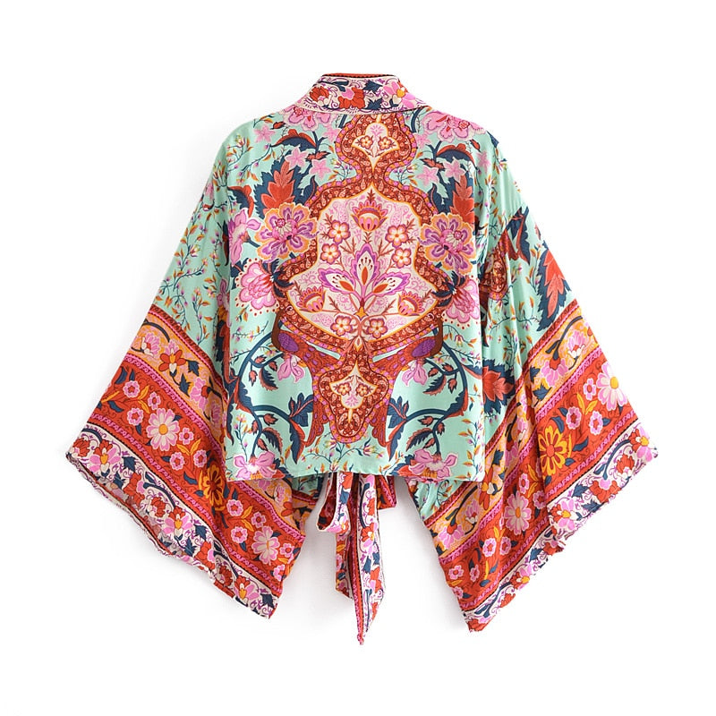 Boho Floral Print Short Kimono