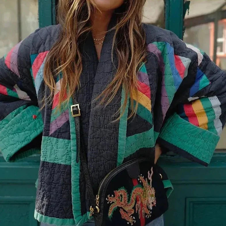Quilted kimono jacket with rainbow stripes