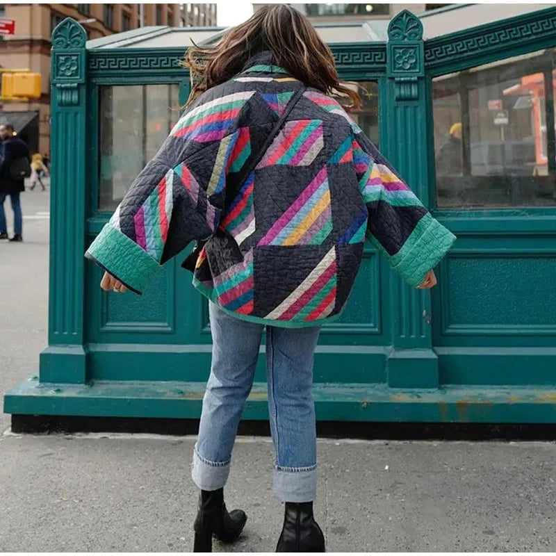 Padded kimono jacket with rainbow stripes