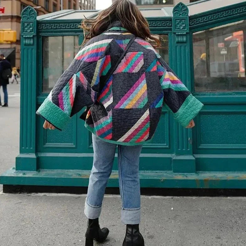 Quilted kimono jacket with rainbow stripes